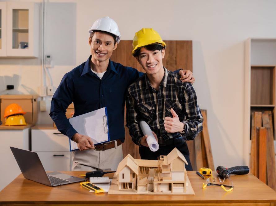Home remodeling contractors at a desk with a model house, tools, a laptop, and blueprints; one gives a thumbs-up while the other holds a clipboard