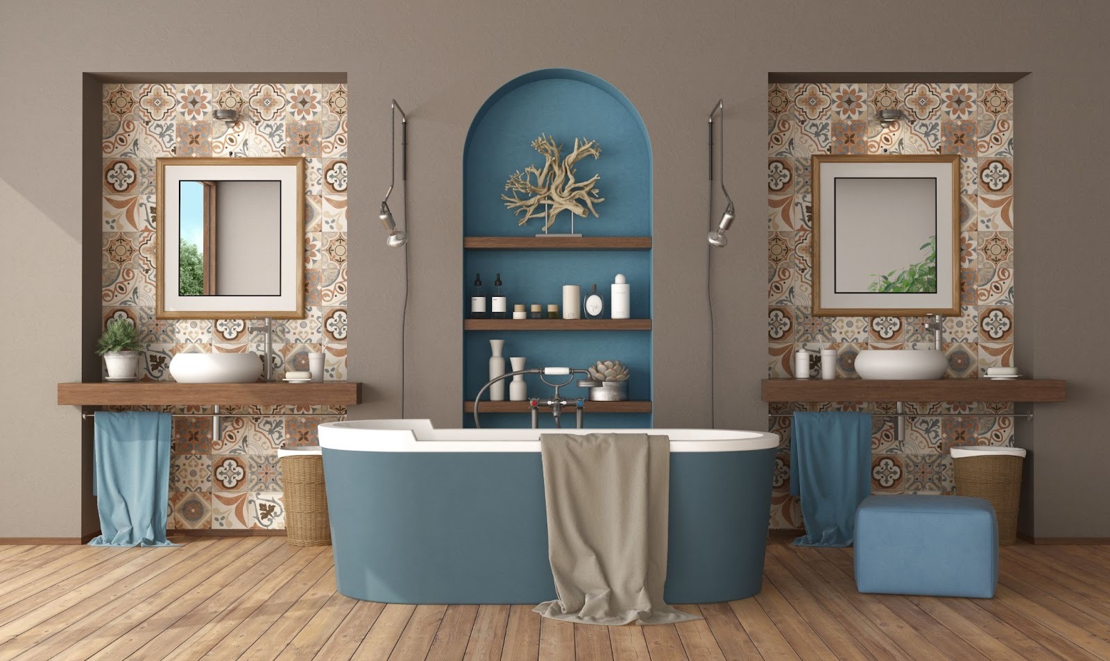 Stylish blue and brown bathroom featuring decorative tilework, matching double sinks, and a central freestanding bathtub.