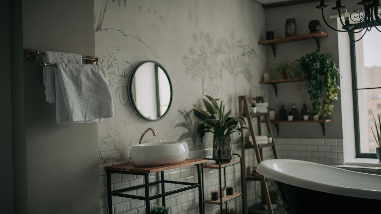 Eco-style modern bathroom interior featuring an oval freestanding bathtub, minimalist accessories, and soft natural lighting